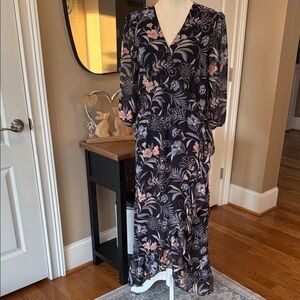 1. STATE Floral Faux Wrap Midi Dress Black Sheer Sleeve Size 12